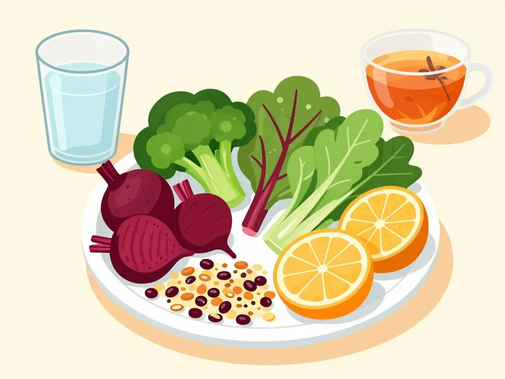 Assiette healthy pour detox foie et intestin avec légumes et boissons