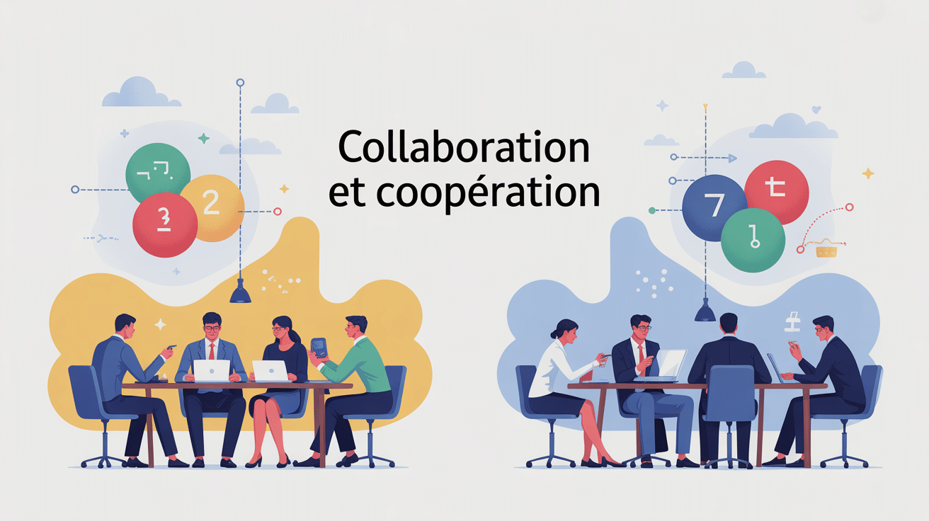 Illustration différence collaboration et coopération groupe au travail