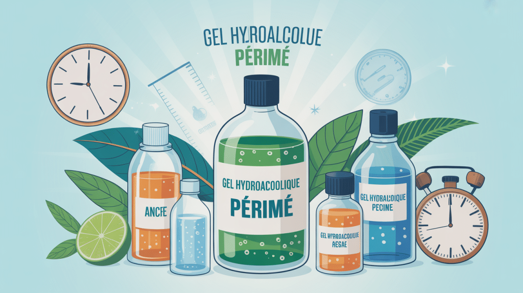 illustration de flacons gel hydroalcoolique périmé et récents avec éléments de date