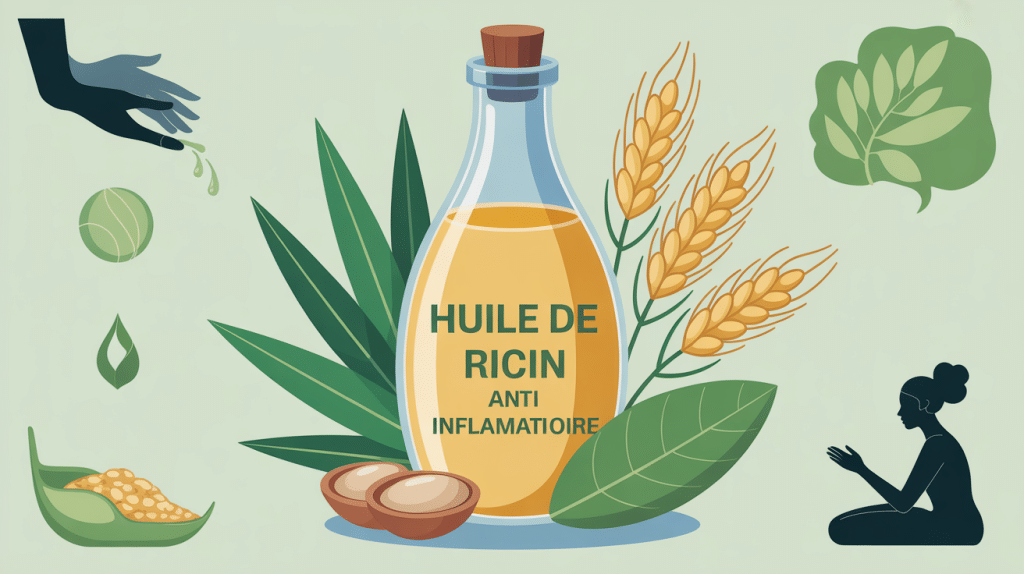 huile de ricin anti inflammatoire bouteille et graines illustration