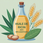 huile de ricin anti inflammatoire bouteille et graines illustration
