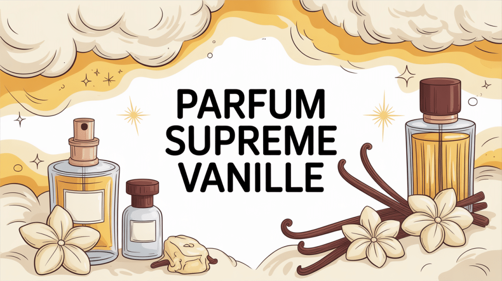 illustration parfum supreme vanille flacons gousses nuage doré