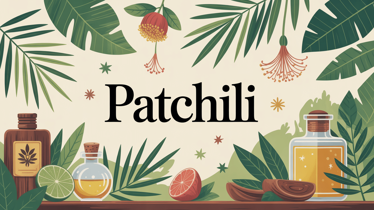 illustration patchili feuille tropicale séchée et produits parfumés