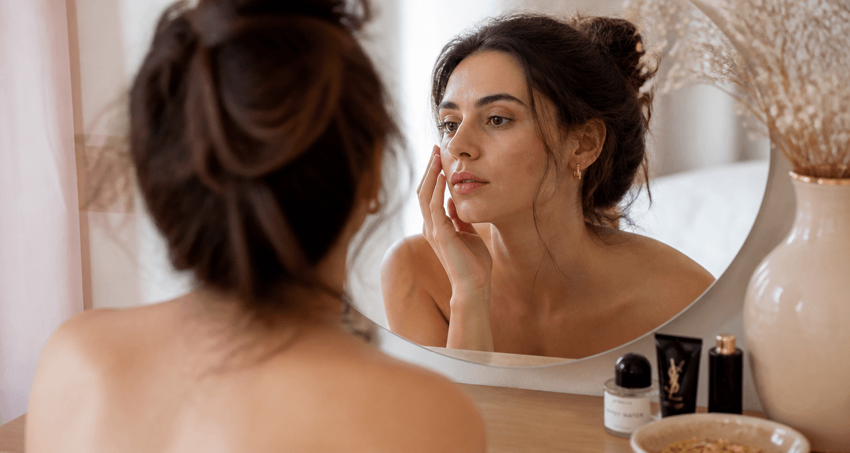 Boutons de stress sur le visage femme miroir