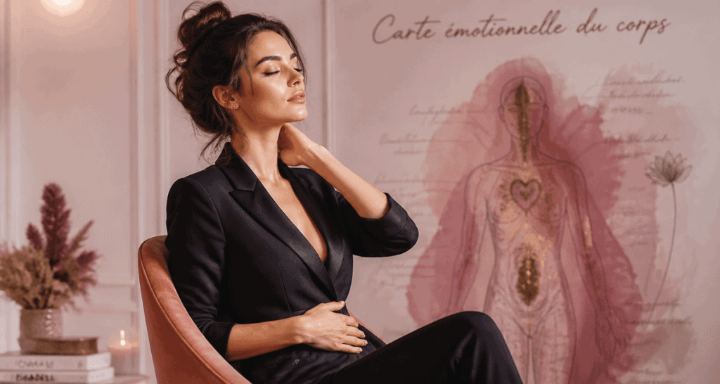 Carte émotionnelle des maux du corps, femme posant mains sur nuque et ventre