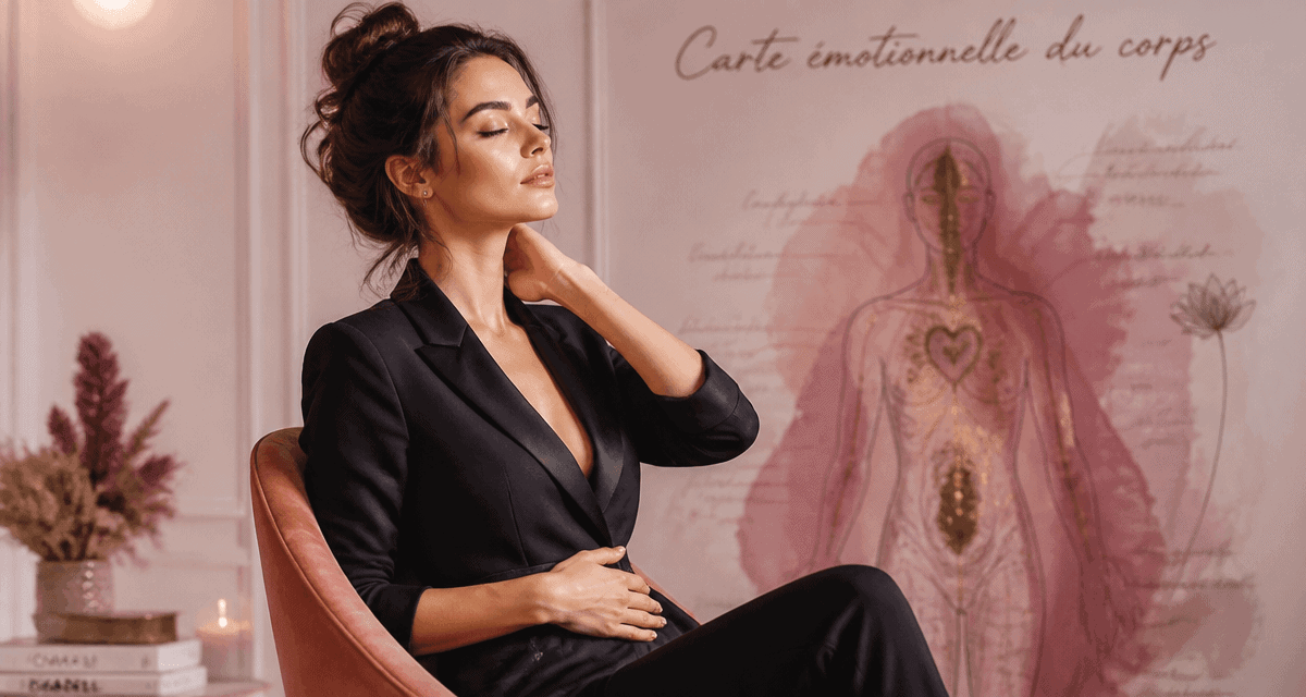 Carte émotionnelle des maux du corps, femme posant mains sur nuque et ventre