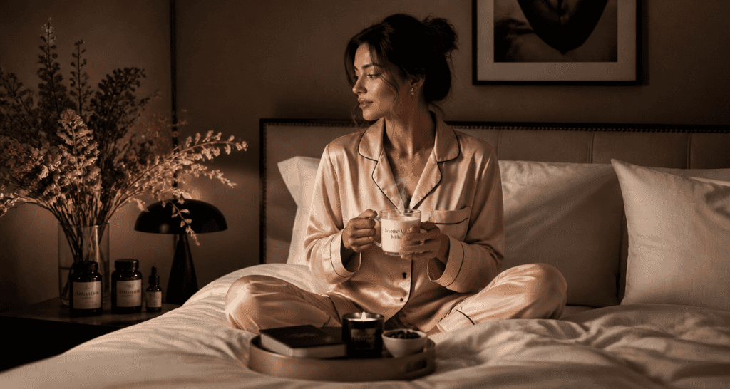 Femme avec complements alimentaires pour dormir dans chambre elegante