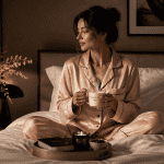 Femme avec complements alimentaires pour dormir dans chambre elegante
