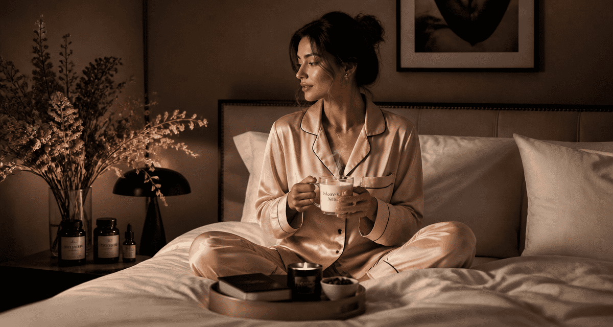 Femme avec complements alimentaires pour dormir dans chambre elegante