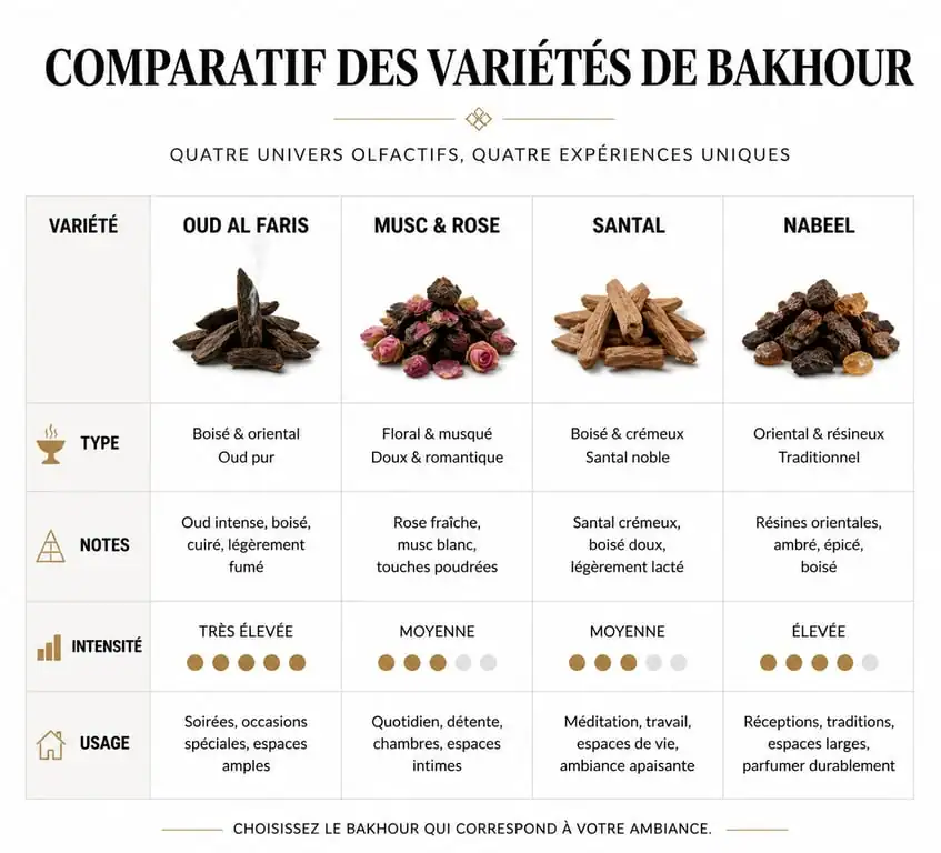 Tableau comparatif des différentes variétés de bakhour et leurs caractéristiques olfactives