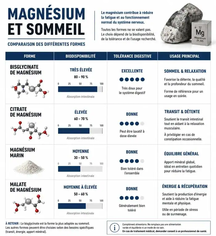 Comparatif des formes de magnésium pour le sommeil : biodisponibilité et efficacité