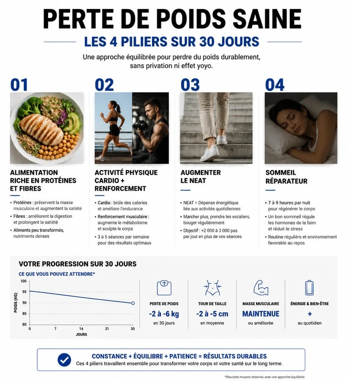 Infographie des 4 piliers pour perdre du poids en 1 mois sainement