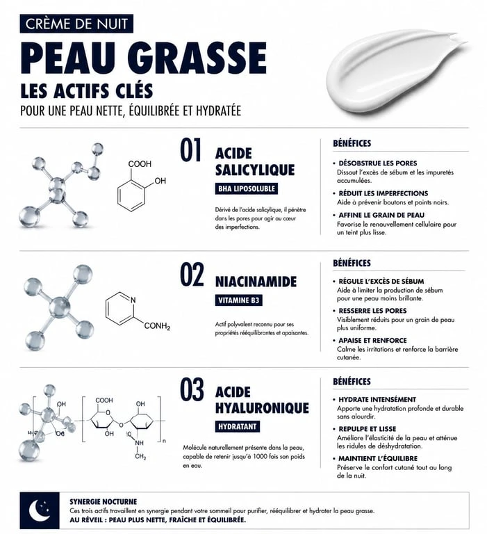 Infographie des actifs essentiels dans une crème de nuit pour peau grasse : acide salicylique, niacinamide et acide hyaluronique.