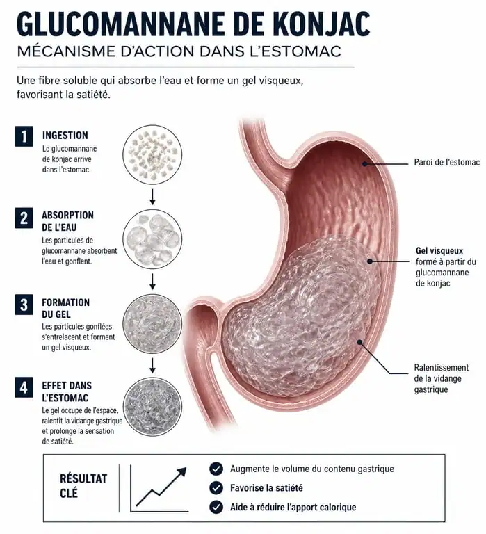 Schéma du mécanisme d'action du glucomannane de konjac comme coupe faim naturel