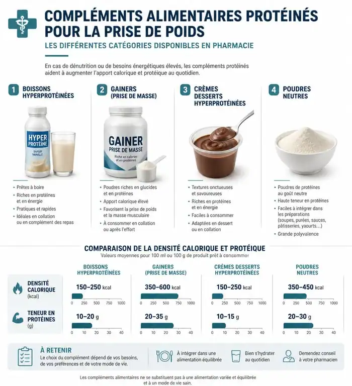 Infographie comparative des compléments protéinés en pharmacie pour la prise de poids