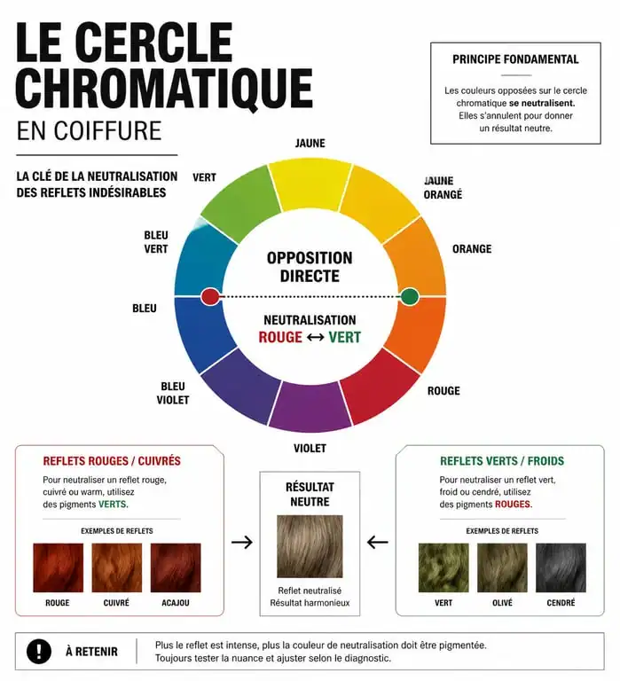 Infographie explicative sur la neutralisation des reflets rouges dans les cheveux via le cercle chromatique