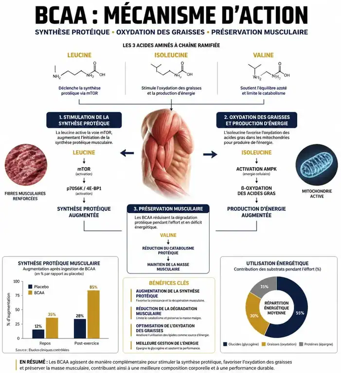 Infographie expliquant les bienfaits des BCAA pour la perte de poids et la préservation musculaire