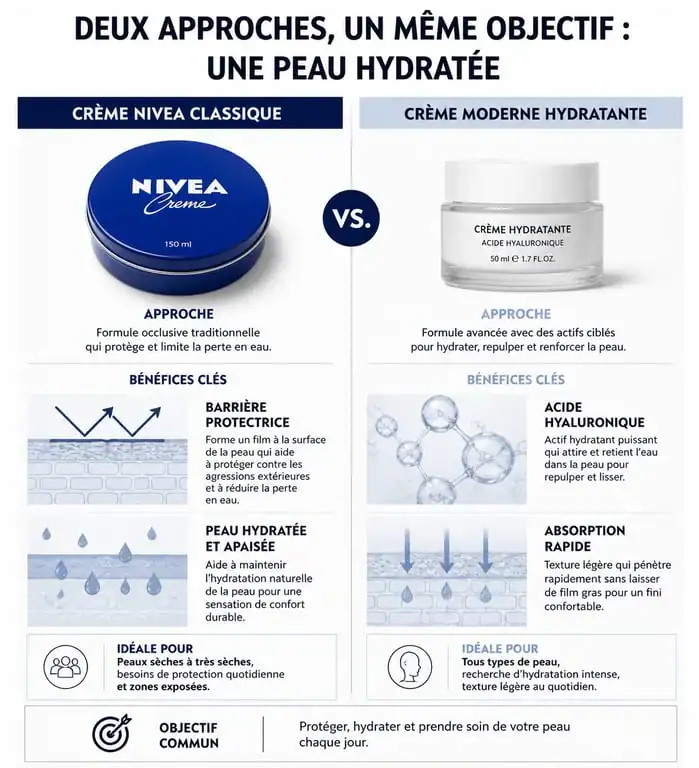 Infographie comparative entre la crème Nivea bleue et les crèmes hydratantes modernes pour comprendre l'avis dermato sur leur efficacité.