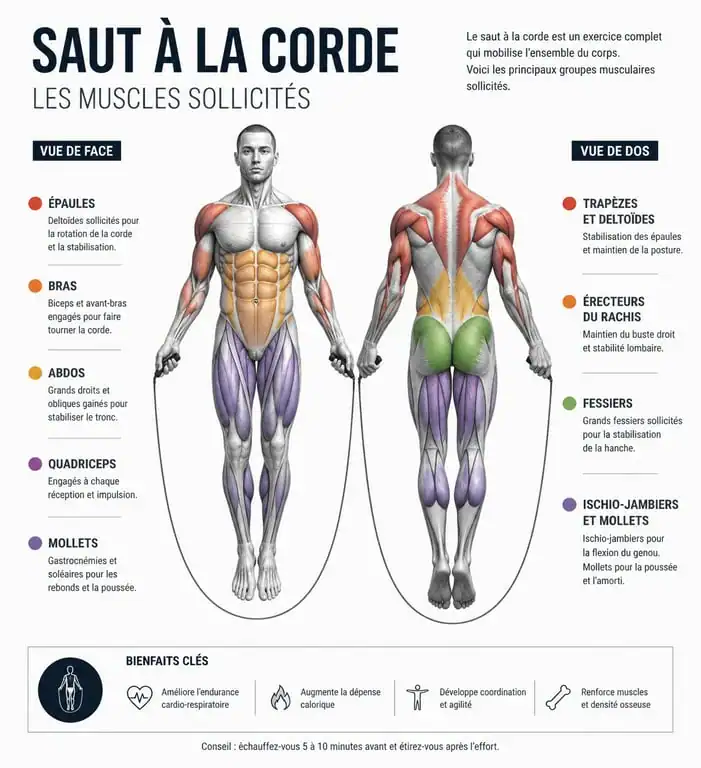 Infographie des muscles sollicités lors du saut à la corde pour la perte de poids