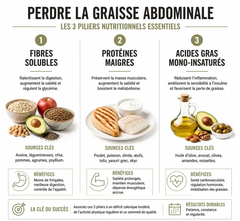Infographie des piliers nutritionnels et aliments pour perdre le ventre et réduire la graisse abdominale