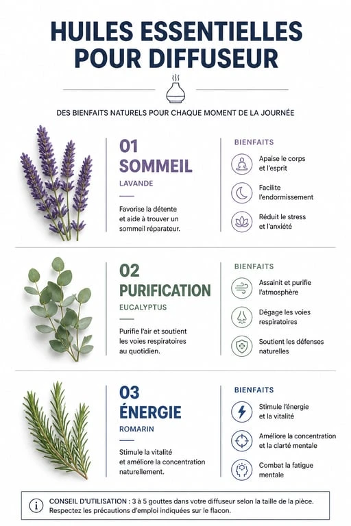 Infographie des meilleures huiles essentielles pour diffuseur selon les besoins : sommeil, purification et énergie.