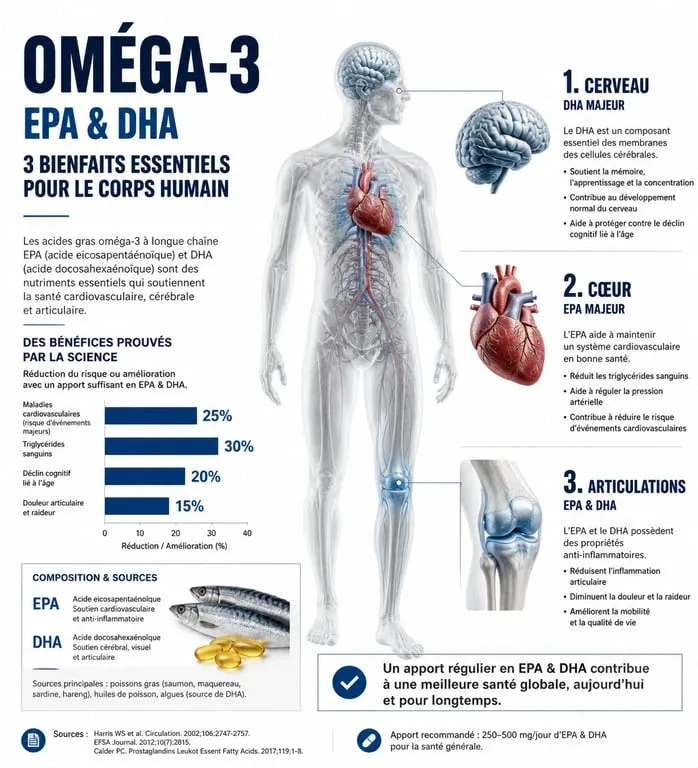 Infographie sur les bienfaits de l'huile de poisson et des oméga-3 pour la santé cardiovasculaire, cognitive et articulaire.