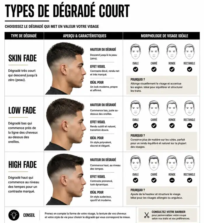 Infographie comparative des différents styles de dégradé court et morphologie adaptée