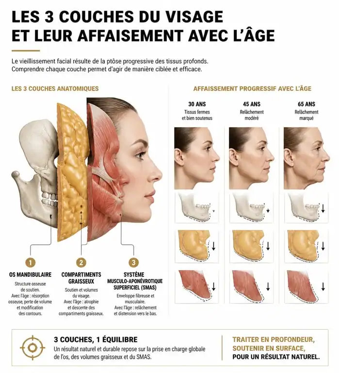 Schéma anatomique illustrant le relâchement de l'ovale du visage et les causes du vieillissement cutané pour comprendre les résultats avant après.
