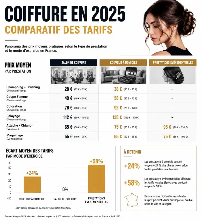 Infographie des tarifs de coiffure 2025 : comparaison des prix entre salon et domicile