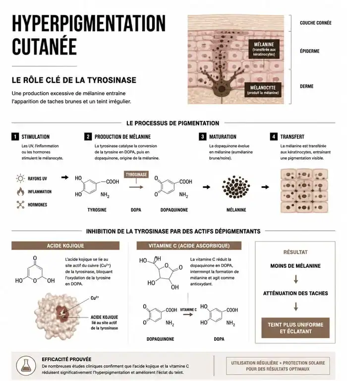 Infographie explicative sur le fonctionnement des meilleures crèmes éclaircissantes pour le visage et les actifs inhibiteurs de mélanine.