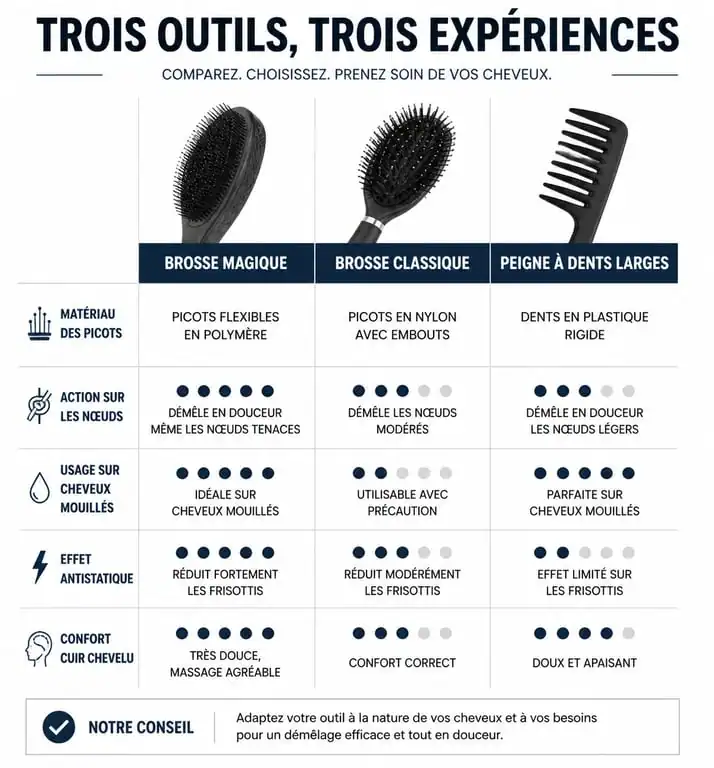 Infographie comparative des brosses à cheveux : Brosse Magique vs Brosse Classique vs Peigne