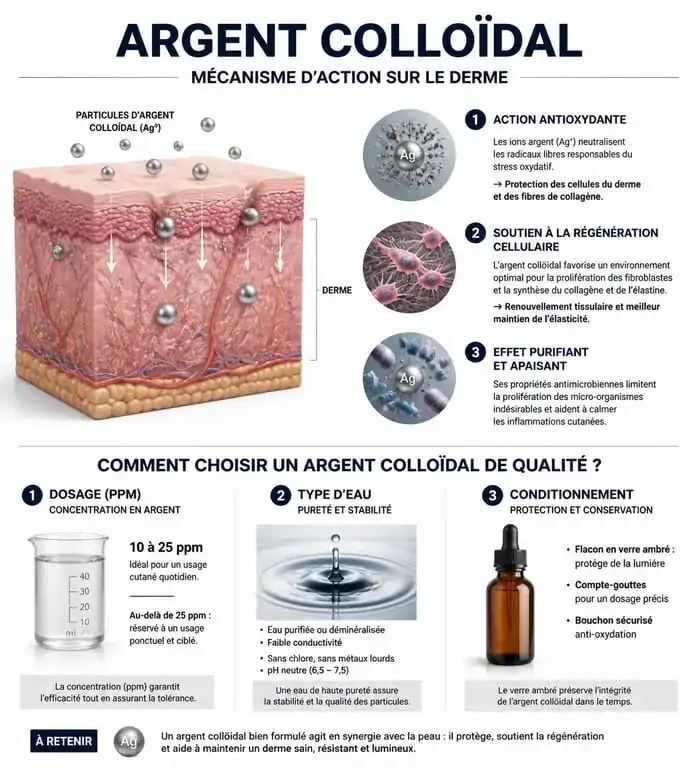 Infographie sur les bienfaits et critères de choix de l'argent colloïdal anti-rides