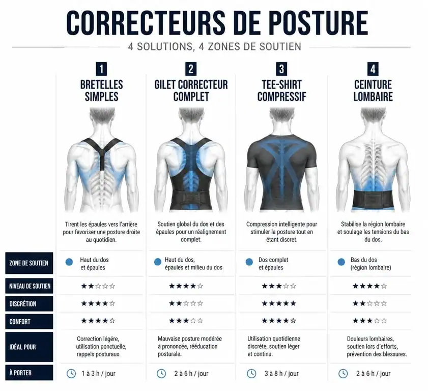 Infographie comparative des différents types de correcteurs de posture pour choisir le meilleur correcteur de posture adapté à vos besoins.