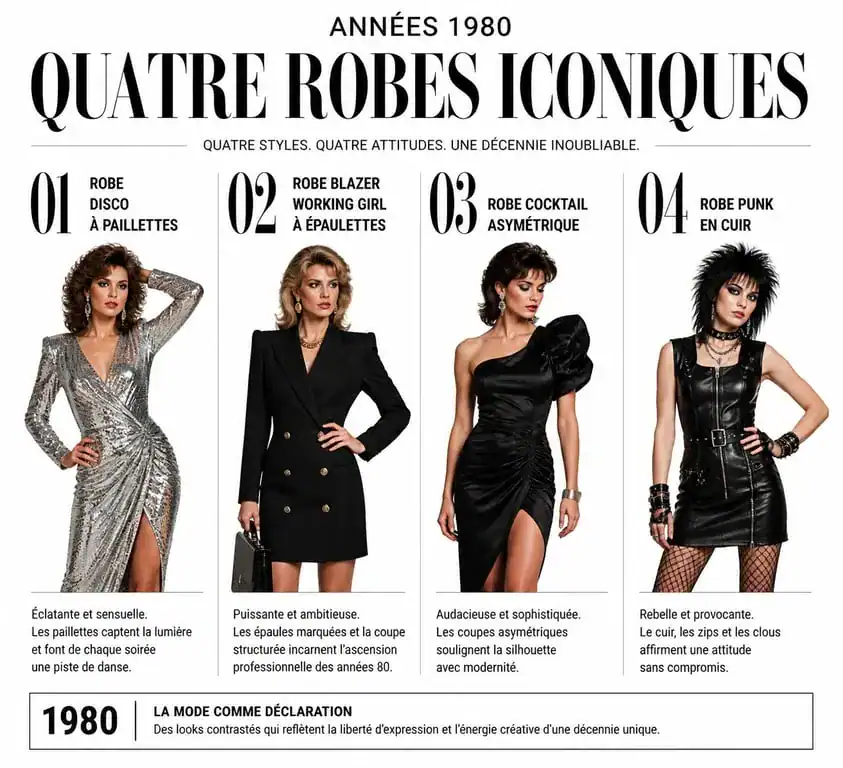 Infographie comparative des styles de robes emblématiques des années 80 : disco, working girl, cocktail et punk.