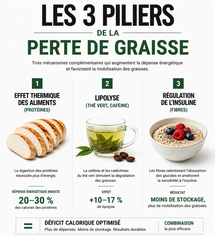 Infographie expliquant les mécanismes des aliments brûle-graisse et leur impact sur le métabolisme