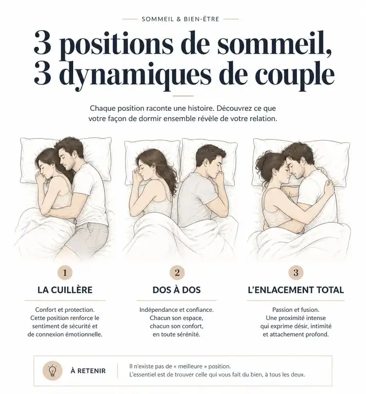 Illustration des différentes positions de sommeil en couple : cuillère, dos à dos et enlacement pour mieux dormir.
