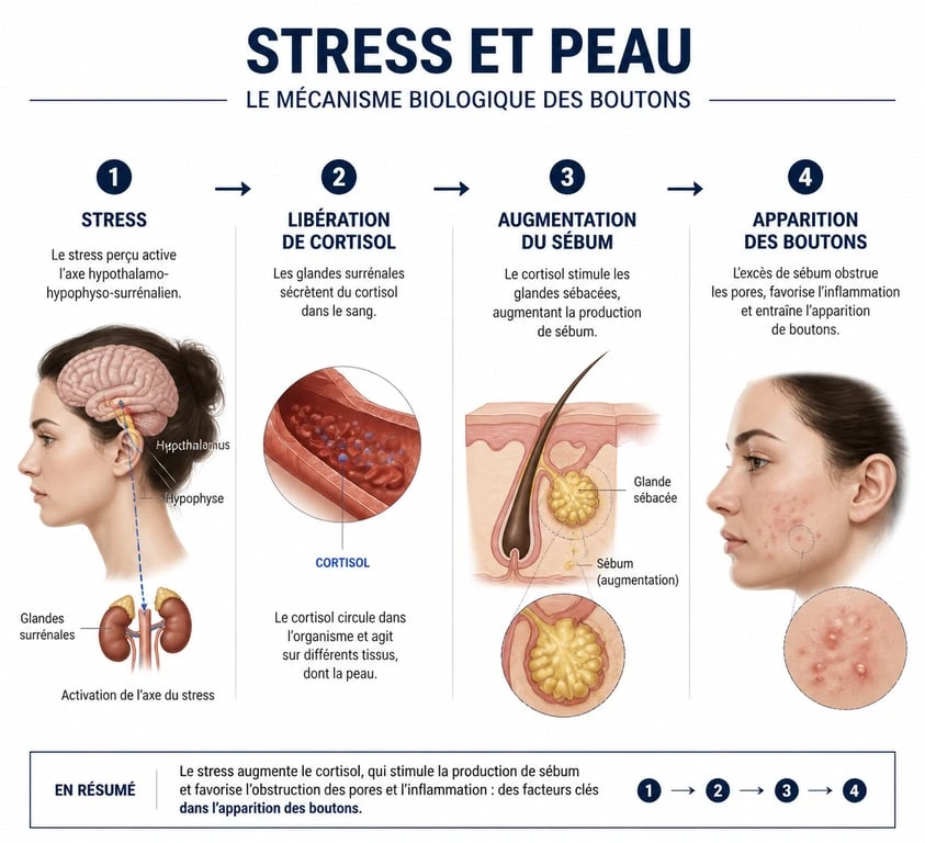 Schéma explicatif du mécanisme biologique des boutons de stress sur le visage