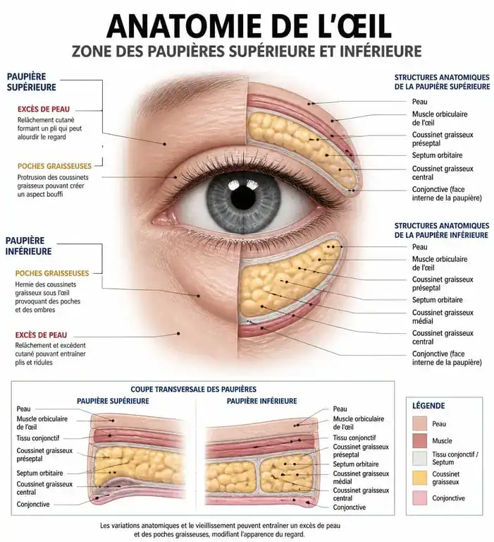 Schéma anatomique des paupières tombantes et zones traitées par blépharoplastie