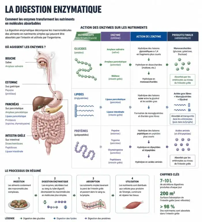 Schéma explicatif du rôle des enzymes digestives dans la digestion des nutriments