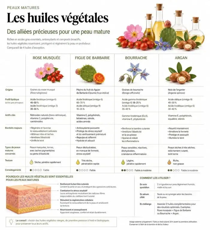 Infographie des meilleures huiles visage pour peau mature et leurs bienfaits