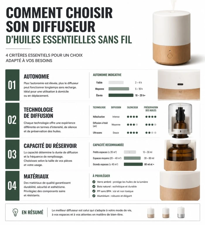 Infographie comparative des critères pour choisir le meilleur diffuseur d'huiles essentielles sans fil