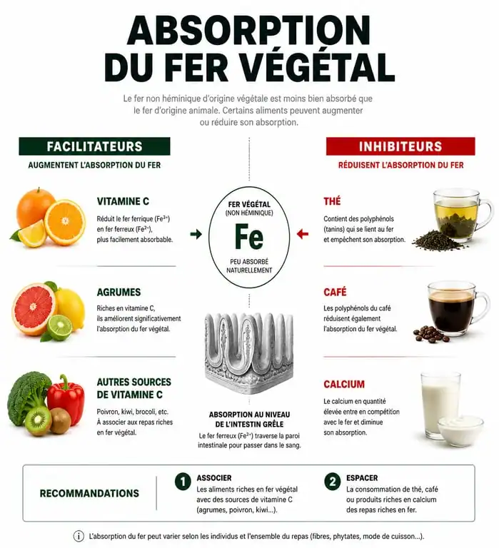 Infographie sur l'absorption du fer végétal et les aliments riches en fer