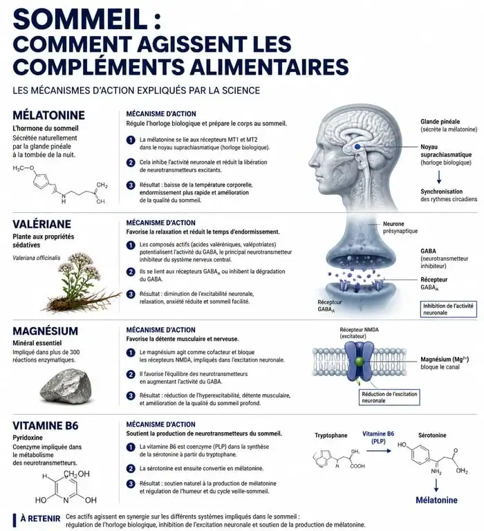 Infographie sur les bienfaits des compléments alimentaires pour dormir et leur mécanisme d'action