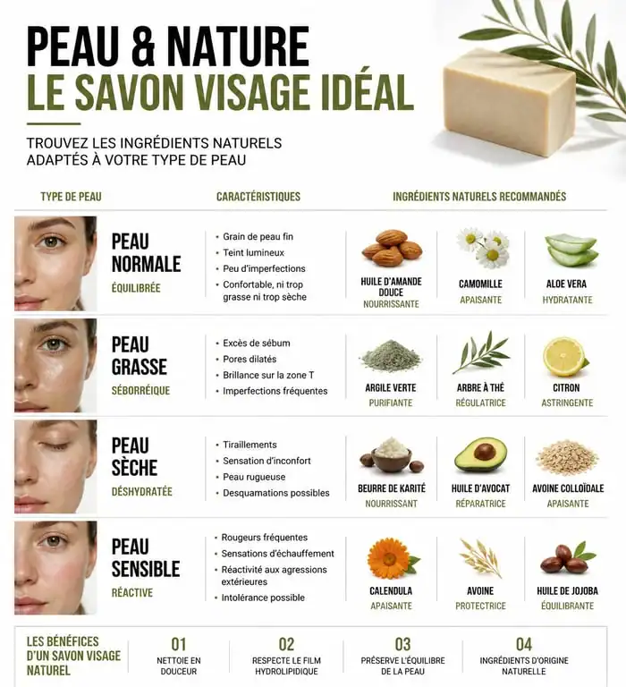 Infographie des ingrédients de savon pour le nettoyage du visage selon le type de peau