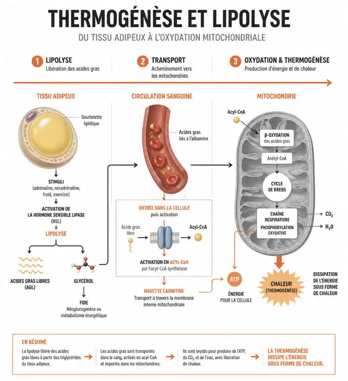 Schéma explicatif du fonctionnement des brûleurs de graisse et de la thermogenèse sur le métabolisme