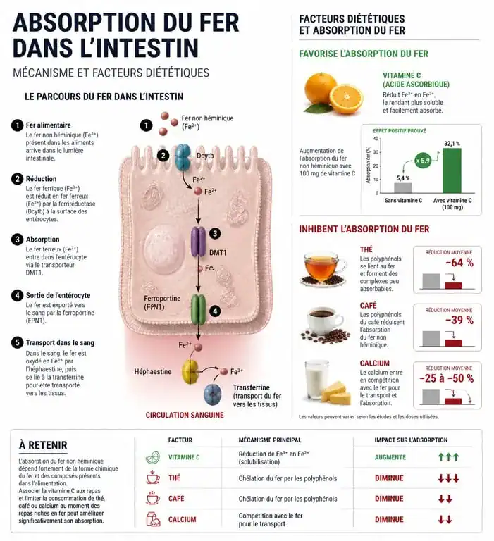 Infographie sur l'absorption du fer et les facteurs favorisants ou limitants