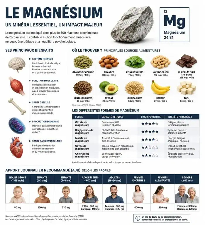 Infographie sur les bienfaits et recommandations de prise de magnésium au quotidien
