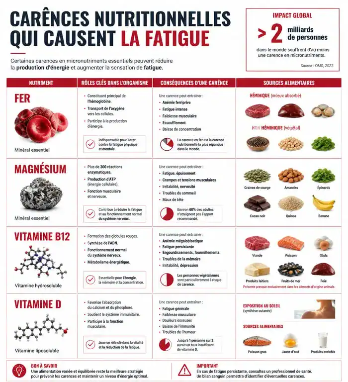 Infographie des carences nutritionnelles responsables du manque d'énergie et de la fatigue