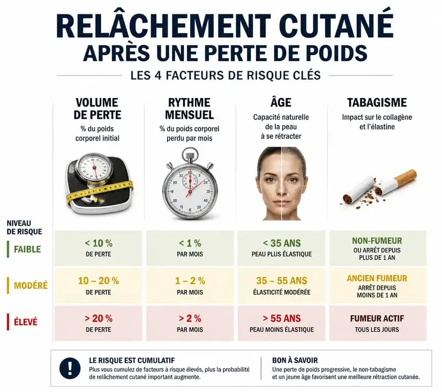 Infographie des facteurs de risque de relâchement cutané après une perte de poids