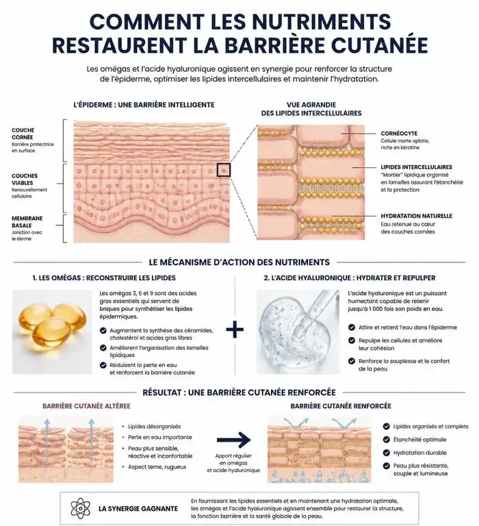 Infographie sur le mécanisme d'action des compléments alimentaires pour peau sèche